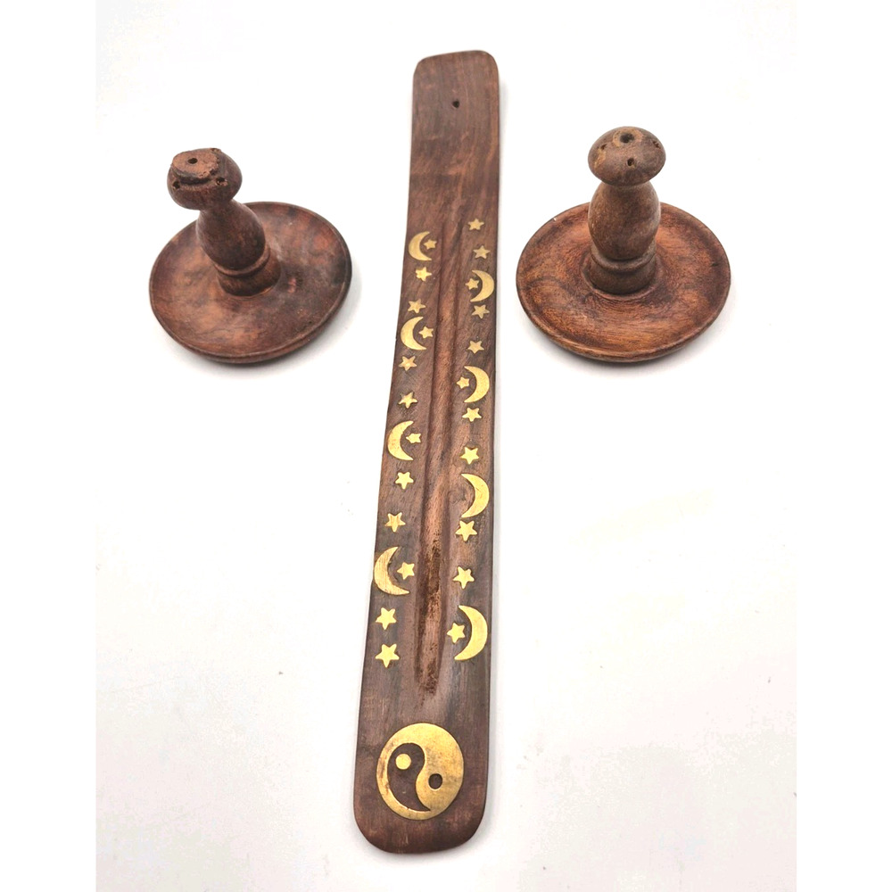 Vintage Wood Incense Holders and Stick w/Inlaid Brass Moon Stars